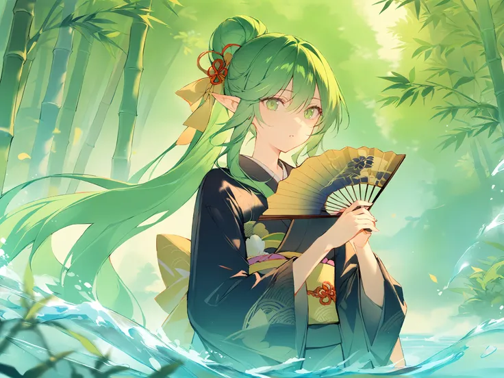 1girl, 
solo, black kimono, looking at viewer, holding fan, water, day, bamboo, forest, wide sleeves, looking to the side, hair bun, bamboo forest, very long hair, green eyes, outdoors, pointy ears, kimono, ponytail, hair between eyes, holding, parted lips...