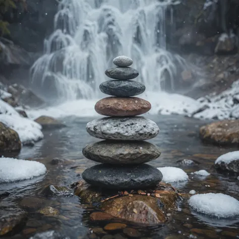 stones stacked on top of each other in front of  crystal clear waterfall, cold mountain with snow in background

, cinematic lig...