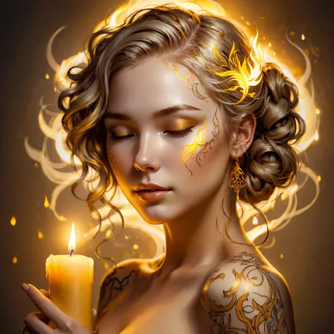 art, 1girl holding candle light, drawn with delicate lines and a simple background. A golden glow illuminates her face with an outline drawing and soft lighting and some golden tattoos. It is a portrait of the upper body. She has closed eyes and wears long...