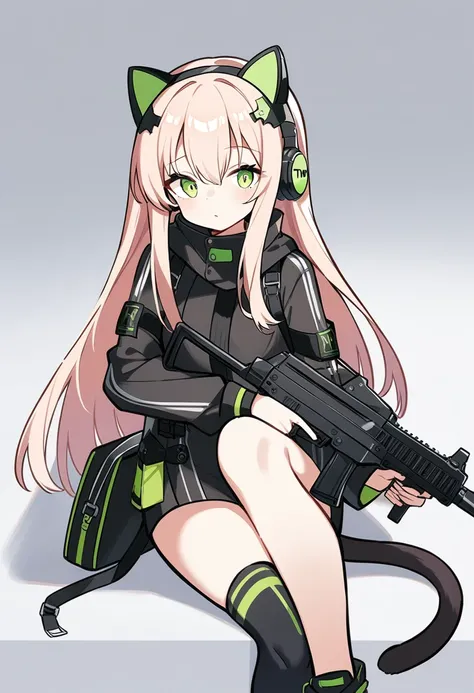 1girl, tmp (girls frontline), girls frontline, animal ear headphones, animal ears, axent wear, b&t mp9, bag, cat ear headphones, cat tail, duffel bag, fake animal ears, gun, headphones, holding, holding gun, knee up, holding weapon, looking at viewer, simp...