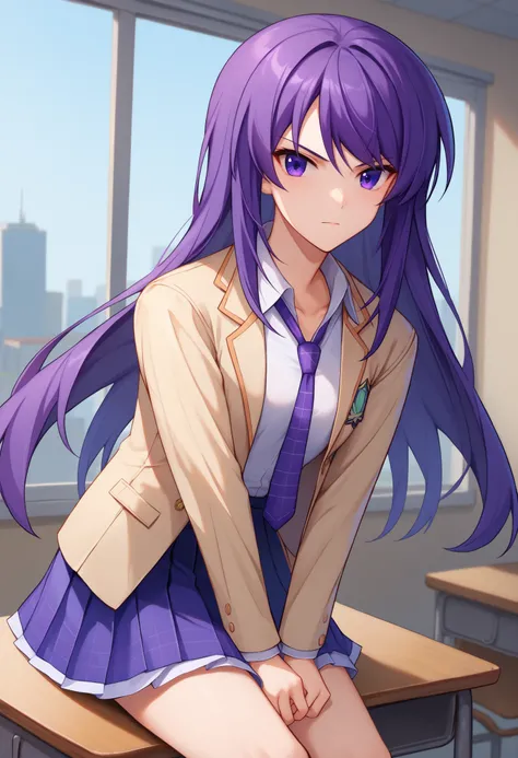 score_9, score_8_up, score_7_up, BREAK 1girl, solo, SenaAoi, purple eyes, purple hair, long hair, medium breasts, <lora:SenaAoiPDXL_V1-Manityro-CAME:1.0>, indoors, classroom, window, city,
looking at viewer, sitting, on desk, v arms,
uniform, emblem, beige...