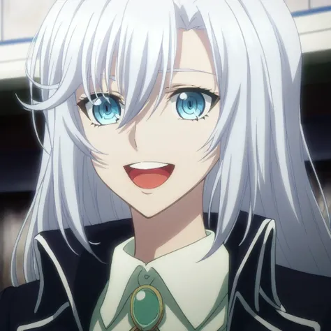 la folia, score_9, source_anime, la folia_stb, 1girl, solo, open mouth, smile, :d, looking at viewer, portrait, black jacket, wing collar, blurry background