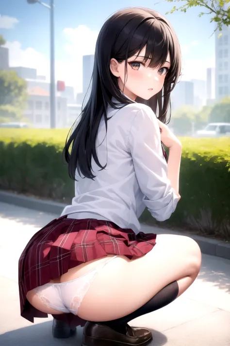 <lora:buttcrack_v0.1:1.0>
1girl, school uniform, squatting, butt crack, plaid skirt, ass, white panties, outdoors,, masterpiece, best quality, highly detailed