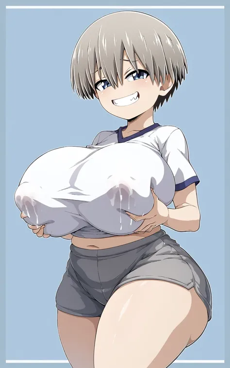 <lora:Pony_XL_Sano-Br_Style:1>, score_9, score_8, score_7, score_6, uzaki chan, huge breasts, mega milk shirt, grey shorts, grin, smile, looking at viewer, grabbing breasts, shortstack