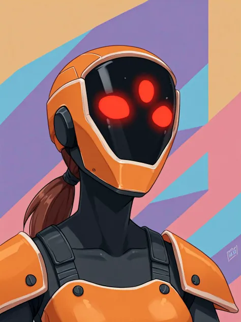 score_9, score_8_up, score_7_up, score_6_up, score_5_up, score_4_up, BREAK
low ponytail, brown hair, no face, full face helmet, glowing red eyes
bodysuit, orange armor
seated pose, (upper body:1.1), , looking at viewer, (hands down:1.2)
(portrait studio, c...