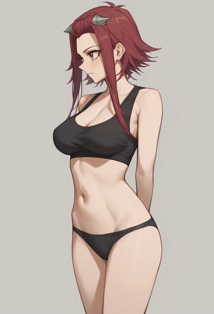 score_9,score_8_up,score_7_up,<lora:izayoi_aki_pony:1>,1girl, arms_behind_back, arms_up, black_panties, cowboy_shot, crop_top_overhang, grey_background, grey_eyes, izayoi_aki, large_breasts, red_hair, short_hair_with_long_locks, sidelocks, signature, simpl...