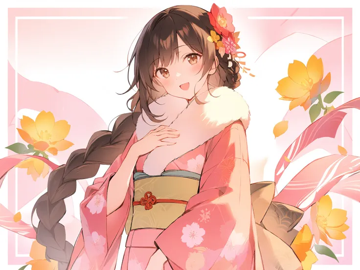 1girl, 
solo, japanese clothes, pink background, white background, long sleeves, open mouth, brown eyes, braid, flower, head tilt, long hair, sash, obi, kimono, floral print, blush, single braid, upper body, pink kimono, looking at viewer, :d, brown hair, ...