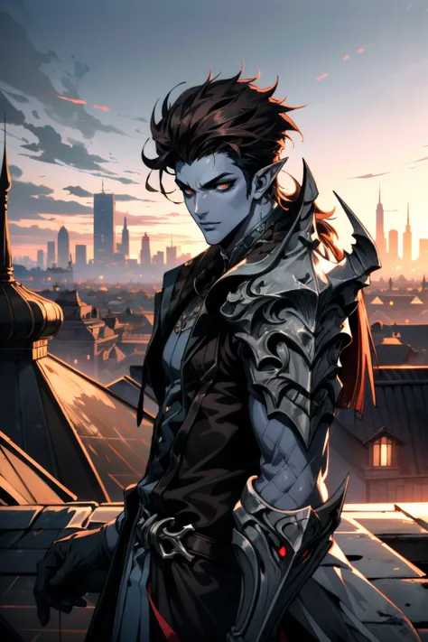 ((ultra detailed, masterpiece, absurdres))
 <lora:LAKharmine:0.8>
LAKharmine, 1boy, short hair, brown hair, pointy ears, colored skin, colored sclera, posing confidently on a rooftop overlooking a city skyline