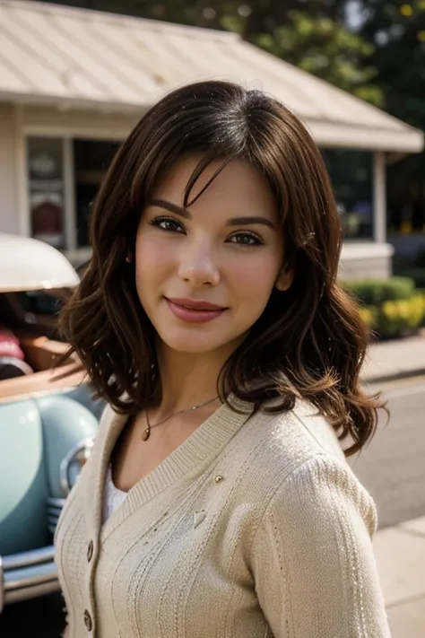 54ndr4bu110ck, brown hair, brown eyes, sfw, heart locket around neck, smile, outside 1950s drive in restaurant, standing in the parking lot, 1950s style cars in the background, pink cardigan, (white collared shirt:0.9), detailed pupils, poodle skirt, <lora...