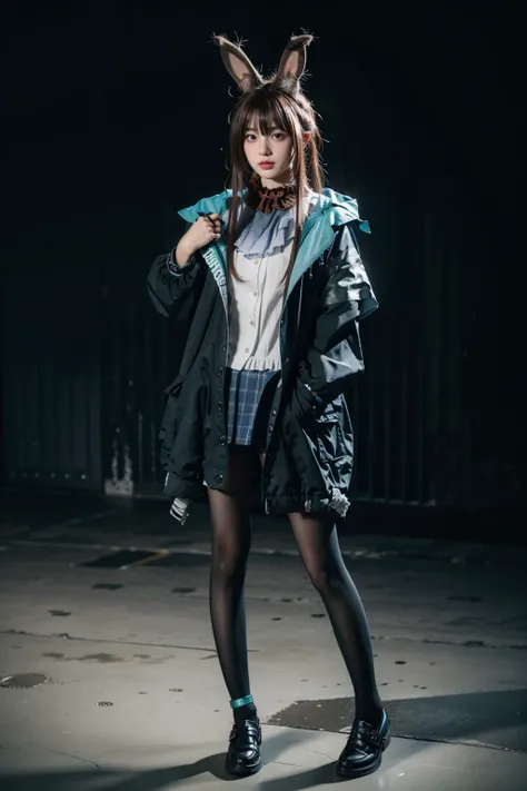 best quality,masterpiece,realistic,photorealistic,1girl,solo,looking at viewer,standing,full body,amiya cosplay costume,amiya,arknights,cosplay,long hair,brown hair,hair between eyes,rabbit ears,shirt,plaid skirt,pleated skirt,hooded jacket,coat,long sleev...