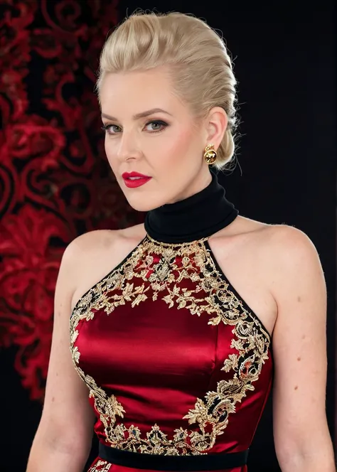 High Fashion, captivating masterpiece of an woman with blonde hair in a ((((neckholder dress with turtleneck)))) ,long earrings, necklace, full body, The intricate lace and gold details exude a very rebellious aura. ((The use of high-shine gloss adds a tou...