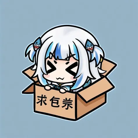 chibi, in-box, > <,1girl, gawr gura, virtual youtuber, tail, fish tail, shark tail, solo, blue eyes, multicolored hair, grey hair, full body, blue hair, streaked hair, bangs, hair ornament, shark hair ornament, two side up, white background, hood, blunt ba...