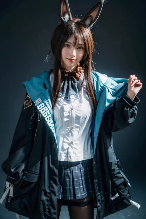 best quality,masterpiece,realistic,photorealistic,1girl,solo,looking at viewer,smile,standing,cowboy shot,amiya cosplay costume,amiya,arknights,cosplay,long hair,brown hair,hair between eyes,rabbit ears,shirt,plaid skirt,pleated skirt,hooded jacket,coat,lo...