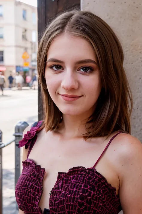 <lora:DakotaBurns:0.8>, full color portrait of a young woman, wearing a flower dress, in a crowded street, natural light, RAW photo, subject, 8k uhd, dslr, soft lighting, high quality, film grain, Nikon D850