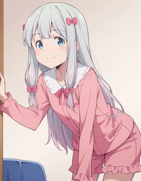 score_9, score_8_up, score_7_up, source_anime,
sagiriizumi, <lora:sagiri-izumi-s1-ponyxl-lora-nochekaiser:1>,
sagiri izumi, long hair, blue eyes, bow, hair bow, grey hair, pink bow,
ribbon, shorts, pink shirt, pajamas, pink shorts,
indoors, bent over, smil...