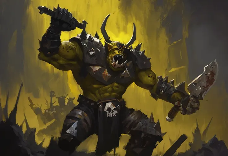 Digital painting, Ork Meganob, Bad Moons Klan, Powerful Pose, crude yellow and black armor, battle damage, gritty, wielding power klaw in left hand, 
extremely detailed, expressive, grimdark, bold lines, dynamic composition, impasto, volumetric lighting, m...