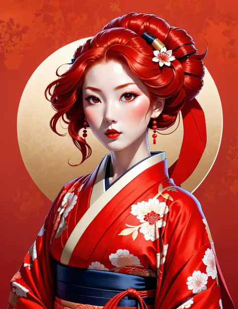 art, A stunning portrait illustration of a woman entirely dressed in vibrant red, inspired by the style of traditional Japanese ukiyo-e art. The woman has a captivating and mysterious expression, with large, doe-like eyes and flowing red hair. Her attire i...