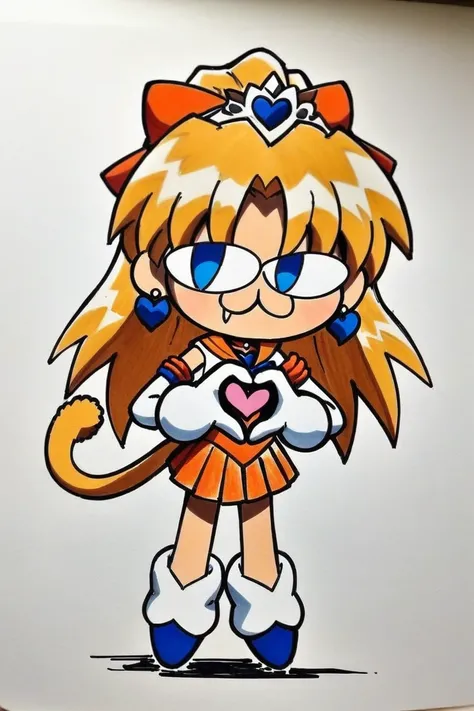 neco-arc, chibi, :3, tail, full body,(masterpiece),(best quality),1girl,sailor venus,masterpiece,best quality,very aesthetic,absurdres,aavenus,long hair,blonde hair,hair bow,tiara,blue eyes,earrings,orange choker,collarbone,orange sailor collar,blue bowtie...