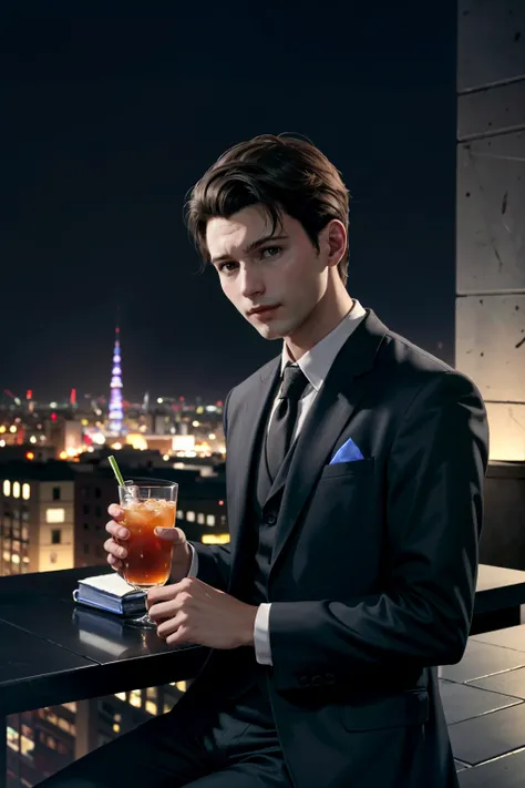 ((ultra detailed, masterpiece, absurdres))
 <lora:DBHConnor:0.8>
DBHConnor, 1boy, short hair, brown hair, sipping a cocktail at a rooftop bar, with city lights twinkling below