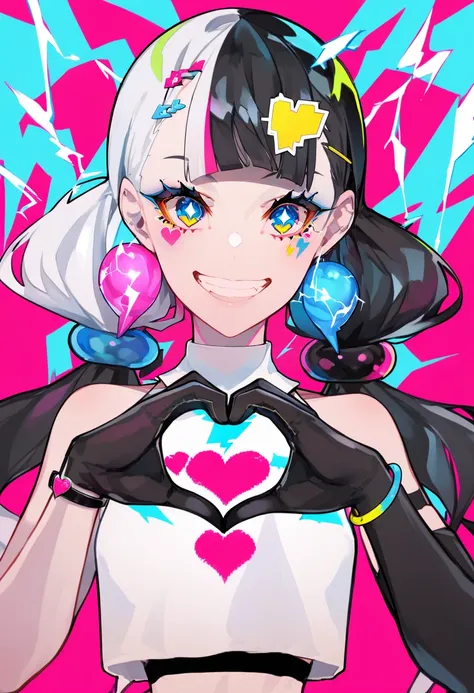 score_9, score_8_up, score_7_up, score_6_up, <lora:LAMXL_Js2_lokr_V4302:0.95> 1girl, heart, solo, smile, hair ornament, white hair, gloves, heart hands, twintails, long hair, black gloves, black hair, jewelry, multicolored hair, looking at viewer, crop top...