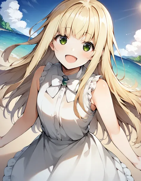 score_9, score_8_up, score_7_up, source_anime,
1girl, solo, looking at viewer, dutch angle, happy,
outdoors, sun shine, beach, sea,
<lora:noel_izumi_anime_v6-soralz:1>, noel izumi, blonde hair, long hair, green eyes, bangs, sidelocks,
white dress, one one-...