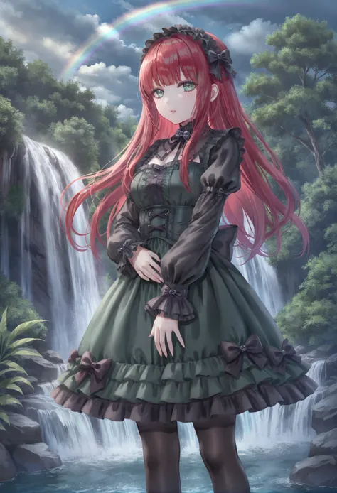 masterpiece, best quality,1girl,   solo, black pantyhose, 1011ta, waterfall, rainbow, scenery, sky, cloud, outdoors, gothic 1011ta, long hair, pantyhose, cloudy sky, red hair, blue sky, 1011ta fashion, standing, green dress, goth fashion, tree, dress, wate...