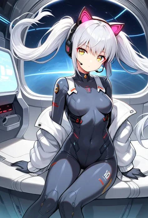 1girl, score_9, spacecraft interior, spacesuit, science fiction, yellow eyes, twintails, silver hair, cat ears, looking at viewer, headset, floating hair, long hair, bodysuit, sitting, jacket,