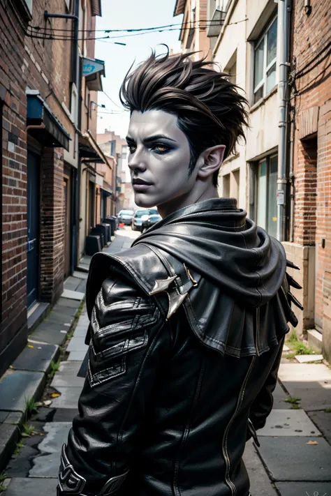 ((ultra detailed, masterpiece, absurdres))
 <lora:LAKharmine:0.8>
LAKharmine, 1boy, short hair, brown hair, pointy ears, colored skin, colored sclera, Gritty urban shoot in a back alley, model surrounded by urban decay