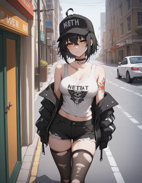 score_9,score_8_up,score_7_up,source_anime,masterpiece,best quality, black hair,yellow eyes,eyebrows visible through hair,hair between eyes,ahoge,medium breasts,light blush, tank top,cap,choker,off shoulder,arm tattoo,neck tattoo,street,sidewalk,torn legwe...