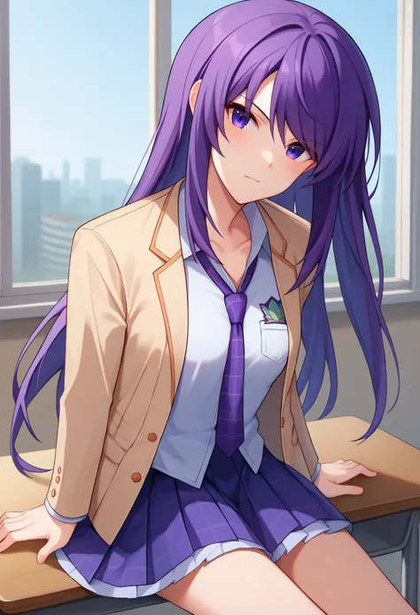 score_9, score_8_up, score_7_up, BREAK 1girl, solo, SenaAoi, purple eyes, purple hair, long hair, medium breasts, <lora:SenaAoiPDXL_V1-Manityro-CAME:1.0>, indoors, classroom, window, city,
looking at viewer, sitting, on desk, three-quarter view, head tilt,...