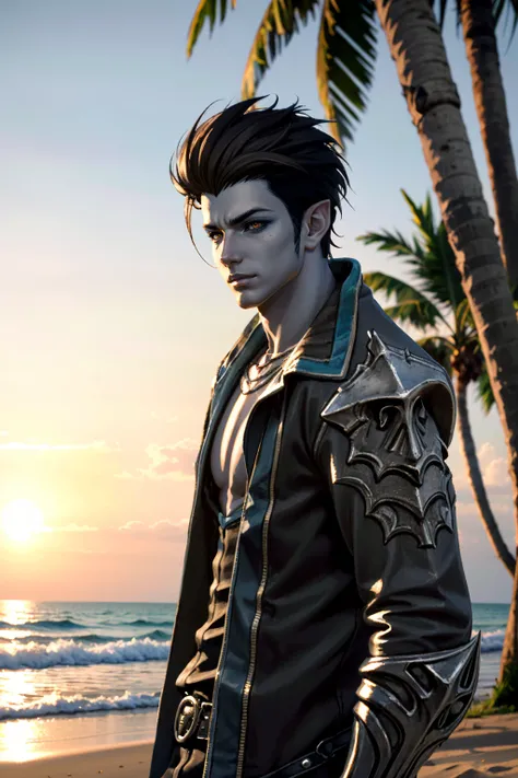 ((ultra detailed, masterpiece, absurdres))
 <lora:LAKharmine:0.8>
LAKharmine, 1boy, short hair, brown hair, pointy ears, colored skin, colored sclera, at the beach, casual clothing, palm trees, sundown