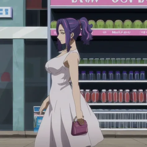 anime screencap,anime coloring,uncensored,  1girl, solo, (ponytail:1.2),  mature female,  lady nagant, purple hair, pink hair,  purple eyes, street,  collarbone, tight dress, white dress, mini dress, earrings, from side, store, handbag, looking at viewer