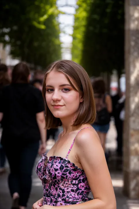 <lora:DakotaBurns:0.8>, full color portrait of a young woman, wearing a flower dress, in a crowded street, natural light, RAW photo, subject, 8k uhd, dslr, soft lighting, high quality, film grain, Nikon D850