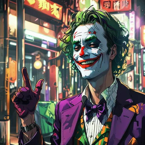 the joker is smiling and wearing his face painted, anime color style, rich details, in the style of  <lora:style_lora:1>