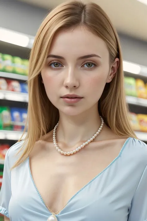 European woman, closeup, (shirt), pants, (convenience store), pearl necklace , ZM_alice, wide shoulders, perfect face, (contact iris: 1.1), pale skin, skin pores , depth of field