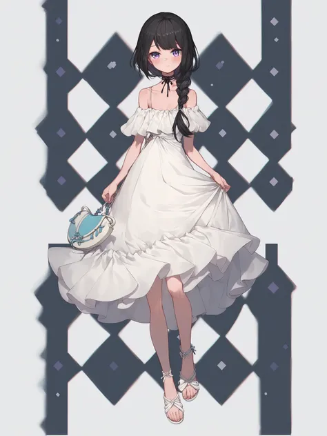 solo,white dress,off-shoulder dress,frilled dress,black hair,braid,white background,full body,purple eyes,long hair,simple background,white footwear,choker,bangs,standing,single braid,blush,sandals,bare shoulders,closed mouth,virtual youtuber,black choker,...