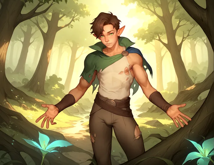 score_9, score_8_up, score_7_up, score_6_up, solo male, skinny, slender, twink, short hair, pointy ears, brown hair, soft green eyes, freckles, torn cape, tunic, torn clothing, fantasy, forest, runes, hotcha