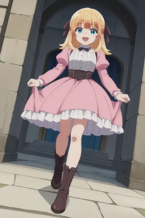 score_9,score_8_up,score_7_up, source_anime, anime screencap, 1girl, <lora:Lysia_Plaid_PonyXL_v2:1>, long hair, blonde hair, hair bow, bangs, blue eyes,
pink dress, frilled dress, bow, long sleeves, juliet sleeves, boots,
looking at viewer, smile, open mou...