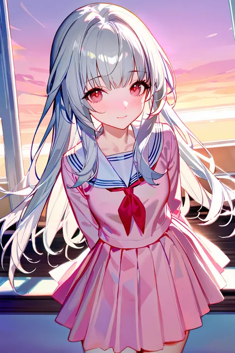 masterpiece, best quality, perfect features, intricate details, ray tracing, very aesthetic, (hitenkei, askzy:0.5), 1girl, clara (honkai: star rail), classroom, serafuku, sailor collar, pleated skirt, thighhighs, sunset, blush, cowboy shot, looking at view...