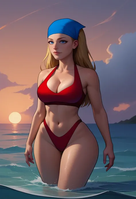 score_9, score_8_up, score_7_up, BREAK, 1girl, solo,  <lora:lindsaytd-guy-PONYv1:.8>, lindsaytd, cleavage, blue bandana, red bikini, sports bikini, wading, wide hips, ocean, sunset,