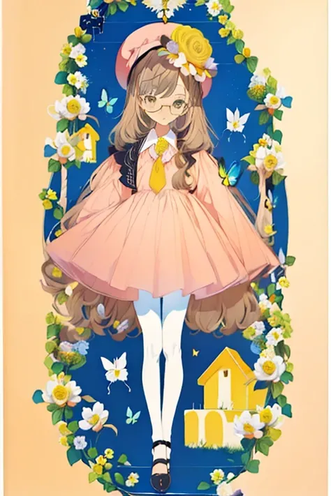 illustration,butterfly,flower,1girl,flowers meadows,long hair,hat,yellow flower,necktie,holding,frills,dress,bangs,pantyhose,black footwear,black headwear,skirt,ribbon,daisy,full body,pink bow,<lora:illustration_20240520235257-000003:1.4>,(border),colorful...