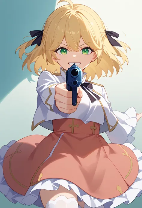 score_9, score_8_up, score_7_up, source anime, anisufia, 1girl, solo, black hair ribbon, green eyes, grin, blonde hair, white cropped jacket, shirt, red high-waist skirt, frilled skirt, white thighhighs, holding gun, aiming, aiming at viewer, finger on tri...