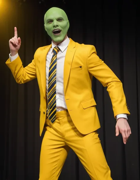 photo of a funny man with a green head in a yellow suit <lora:bigheadmask:0.8> bigheadmask