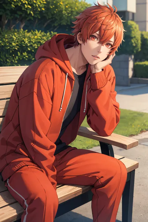 masterpiece, best quality, absurdres, 1boy, solo, IttokiOtoya, short hair, hoodie, sweatpants, outdoors, sitting, on bench, <lora:CHAR-IttokiOtoya:1>