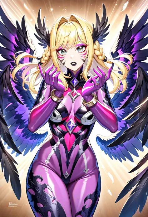 1girl, 
floating hair, blonde hair, bodysuit, brown background, bracelet, facial mark, dark persona, purple eyeshadow, hair intakes, parted lips, ringed eyes, braid, mismatched eyebrows, jewelry, makeup, black lips, solo, feathered wings, feathers, black f...