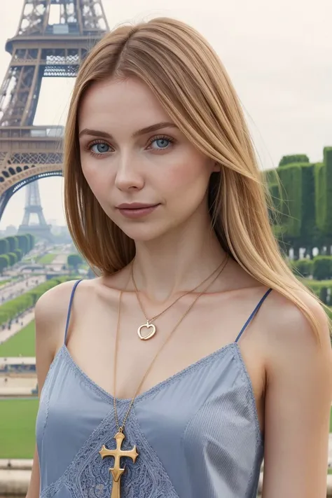 European woman, closeup, (shirt), pants, (eiffel tower), cross necklace , ZM_alice, wide shoulders, perfect face, (contact iris: 1.1), pale skin, skin pores , depth of field