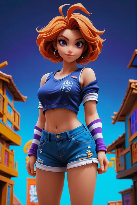 cgi, anime style, 1girl, woman, alt sweet girl, cameltoe, outlandish costume design,punk hair, denim shorts, bombshell hair, ginger hair, Sugar and Spice Curls, mediumpurple clothes, toned body, athletic build, narrow waist, wide hips, medium breasts, japa...