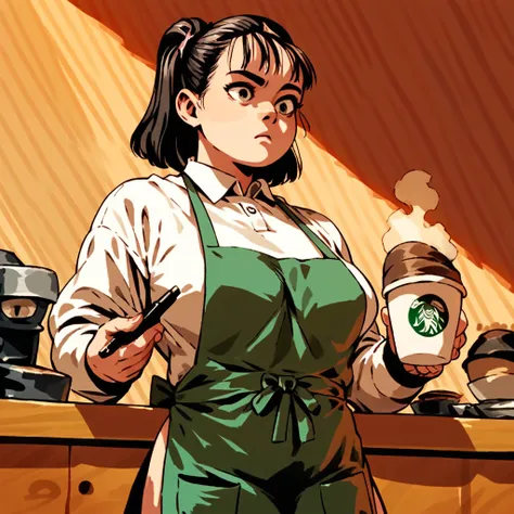 score_9, score_8_up, score_7_up, score_6_up, shadowringopm, 1girl, coffee shop, uniform, apron, detailed background,