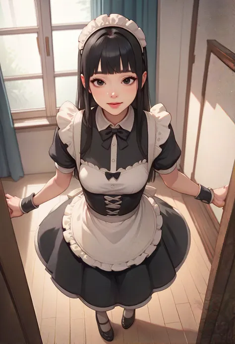 Score_9, score_8_up, score_7_up, score_6_up, score_5_up, score_4_up, 2girls, Himari, long black hair,black eyes,petite, Maid outfit, from above, happy, spinning, maid headband, solo , indoors, livingroom, standing, <lora:Himari:0.8>