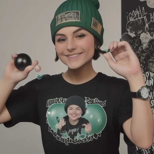 black shirt, green headwear, nail polish, watch, bubble blowing, smile, shirt, short hair, beanie